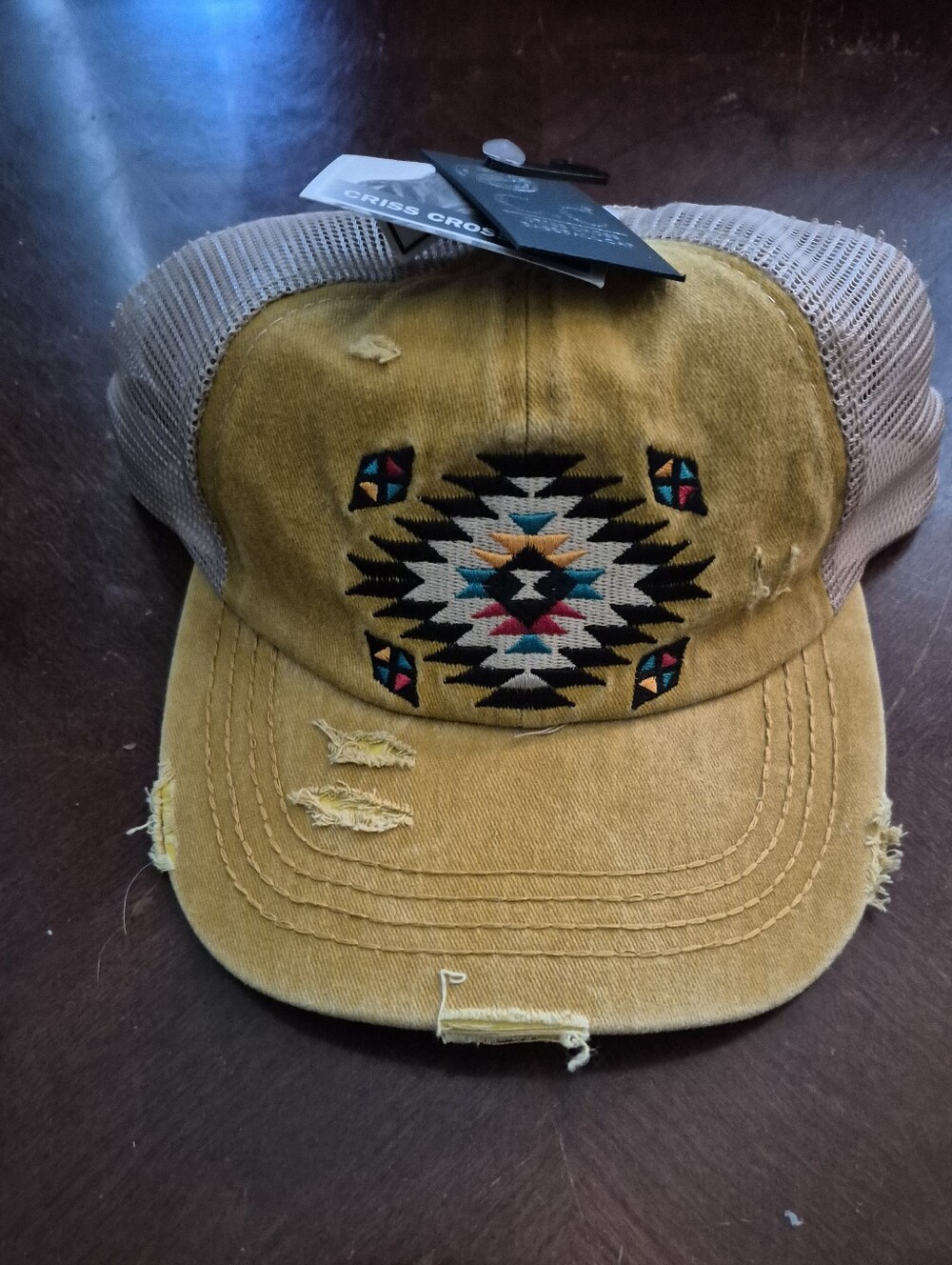 Mustard Ponytail Cap with Aztec Embroidery
